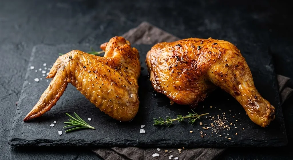 Deux morceaux de poulet rôtis et dorés, posés sur une ardoise avec du romarin