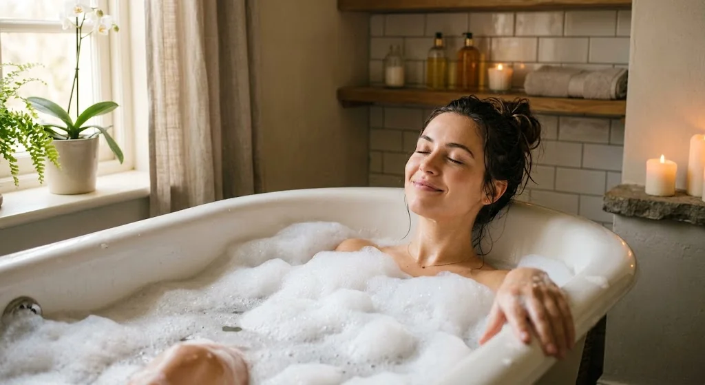 Femme allongée dans un bain moussant, les yeux fermés, à la lueur des bougies
