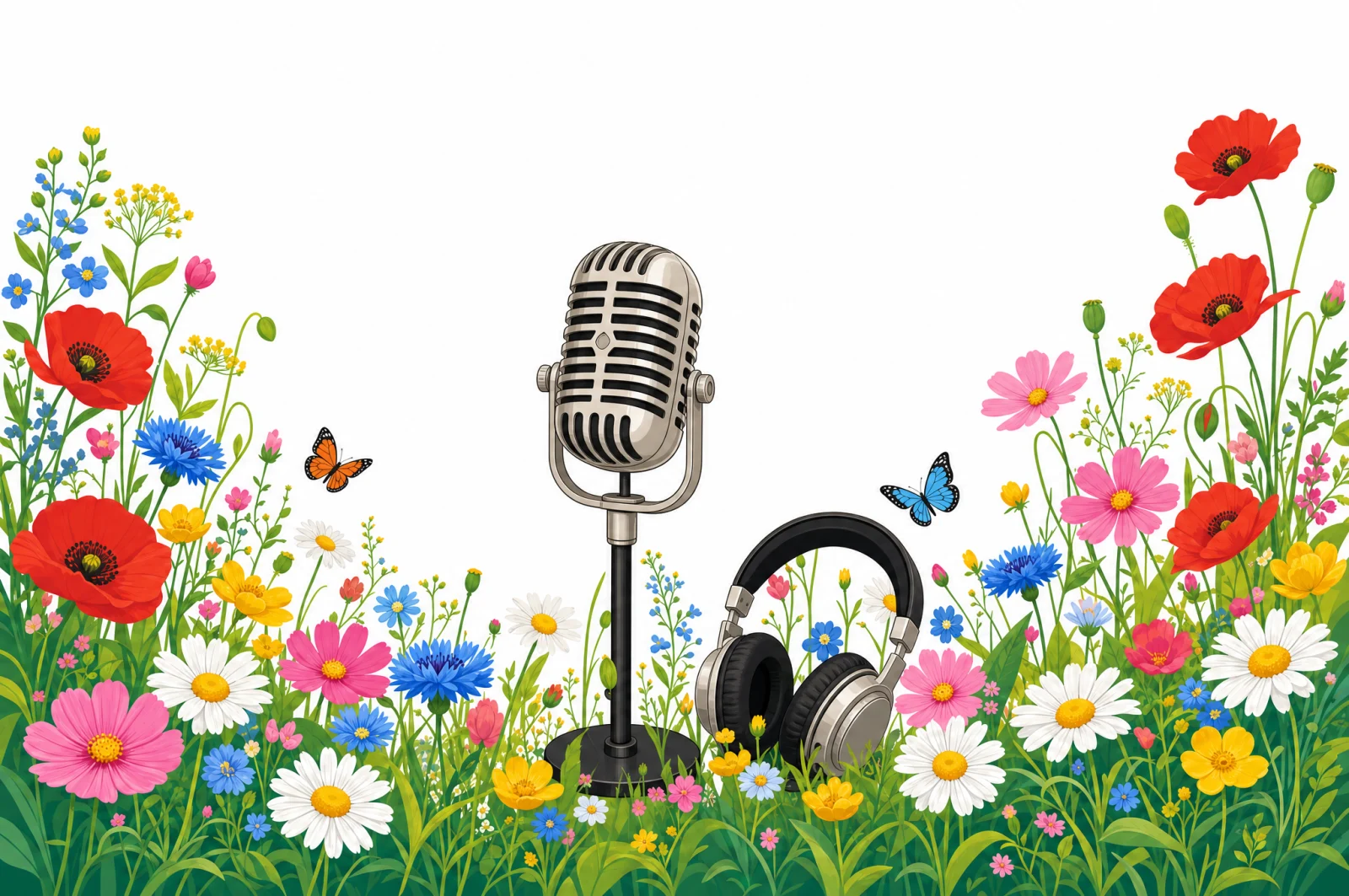 Micro de radio posé dans la prairie fleurie, illustration