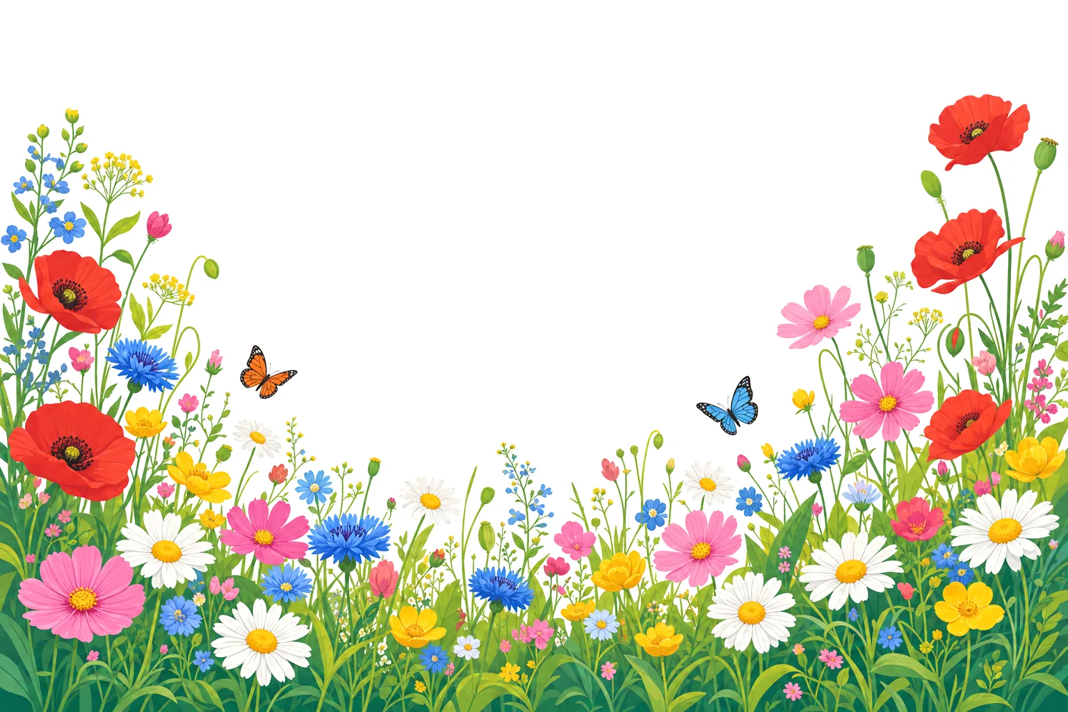 Prairie de fleurs sauvages illustrée : coquelicots, marguerites, bleuets et papillons