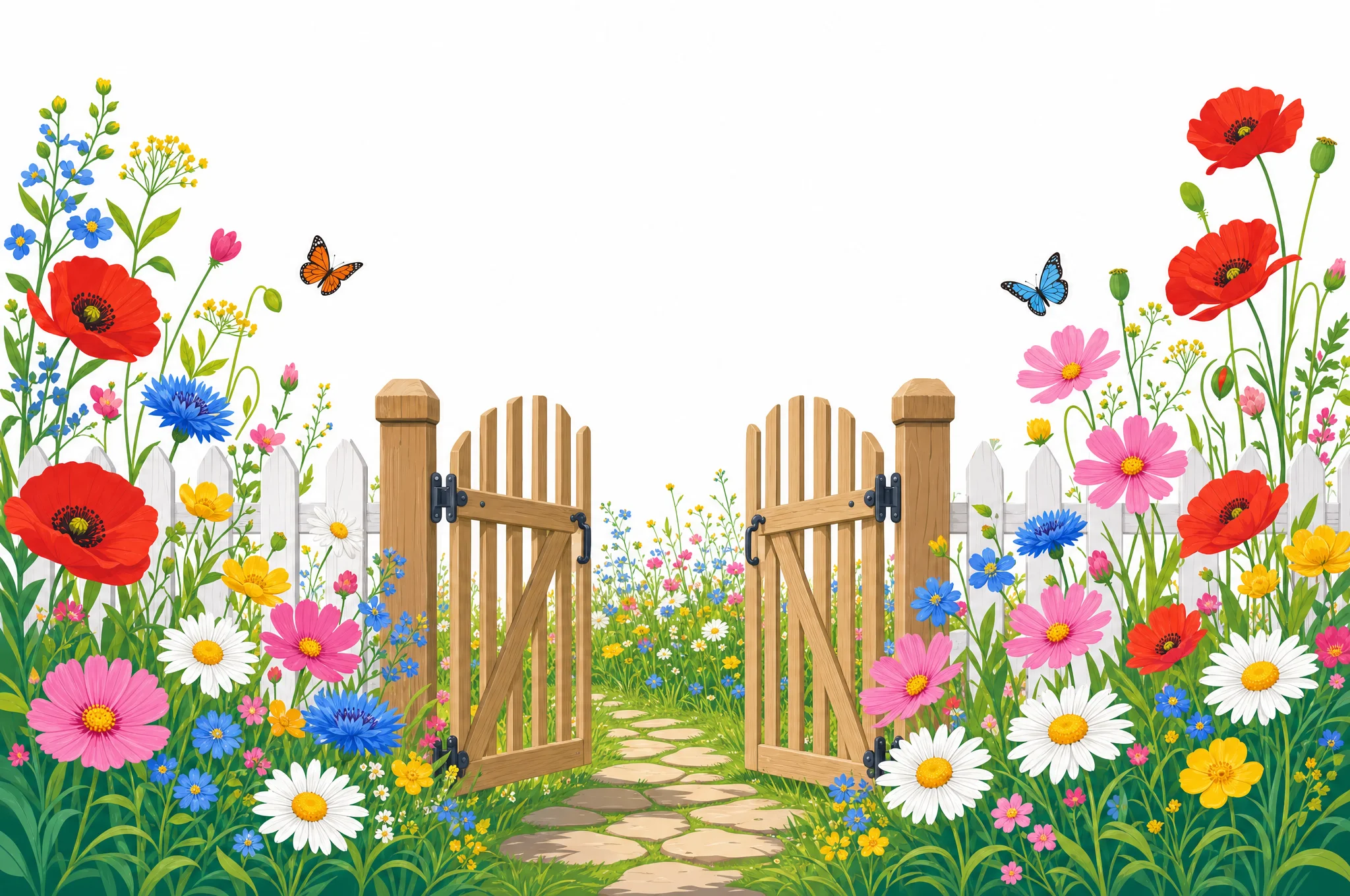 Portillon de jardin ouvert sur la prairie fleurie, chemin de pierres